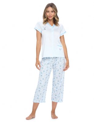 Casual Nights Women's Short Sleeve Floral Capri Pajama Set - Blue - Hit the sack in total comfort with these Softand lightweight Knit Pajamas in a funFloral pattern, Features V-Neck Button Down Closure,Open pocket and lace and Ribbon Trim, Pant with drawstring and elastic waist.A comfortable straight fit perfect for sleeping or lounging around.