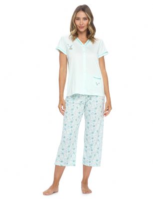 Casual Nights Women's Short Sleeve Floral Capri Pajama Set - Green - Hit the sack in total comfort with these Softand lightweight Knit Pajamas in a funFloral pattern, Features V-Neck Button Down Closure,Open pocket and lace and Ribbon Trim, Pant with drawstring and elastic waist.A comfortable straight fit perfect for sleeping or lounging around.