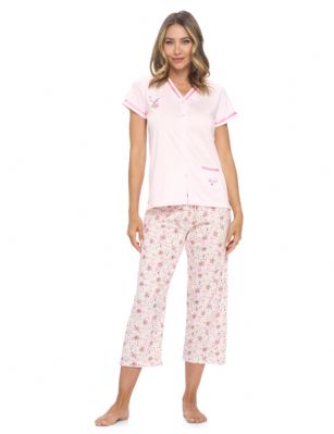 Casual Nights Women's Short Sleeve Floral Capri Pajama Set - Pink - Hit the sack in total comfort with these Softand lightweight Knit Pajamas in a funFloral pattern, Features V-Neck Button Down Closure,Open pocket and lace and Ribbon Trim, Pant with drawstring and elastic waist.A comfortable straight fit perfect for sleeping or lounging around.