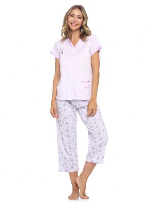 Casual Nights Women's Short Sleeve Floral Capri Pajama Set - Purple - Hit the sack in total comfort with these Softand lightweight Knit Pajamas in a funFloral pattern, Features V-Neck Button Down Closure,Open pocket and lace and Ribbon Trim, Pant with drawstring and elastic waist.A comfortable straight fit perfect for sleeping or lounging around.