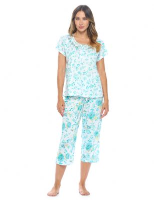 Casual Nights Women's Short Sleeve Embroidered Floral Capri Pajama Set - Green - Hit the sack in total comfort with these Soft and lightweight Knit Pajamas in a fun Floral pattern Capri Length Pants with an elastic drawstring waist for comfort, Shirt Features Short Sleeves, 4 Button closure, Embroidery, lace Trimand flattering pintuck details. A comfortable straight fit perfect for sleeping or lounging around.