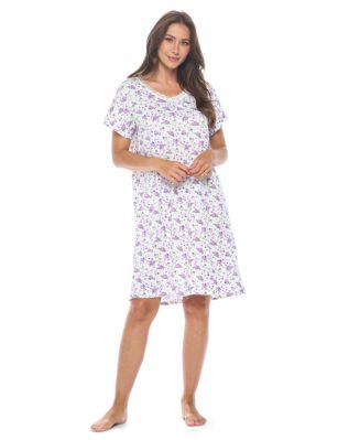 Casual Nights Women's Super Soft Yummy Nightshirt, Short Sleeve Nightgown, Night Dress with Fun Prints & Patterns - Lilac Flowers - This softest lightweight short sleeve Nightgown for ladies from the Casual Nights Loungewear and Sleepwear robes Collection, in beautiful feminine Bright Solid & floral print pattern design. This easy to wear Pullover Nightdress is made of the softest 95% polyester and 5% elastane material, this sleep dress Features: scoop neckline, short sleeves, with detailed lace trimming by yolk for an extra fancy touch. Mid-calf length approx. 38-39 Shoulder to hem. This lounge wear muumuu dress has a relaxed comfortable fit and comes in regular and plus sizes M, L, XL, 2X, all year winter and summer versatile multi uses, wear around to bed as Pj's or lounging the house as relaxed home day waltz dress, a sleepshirt dress, Our sleep robe gowns is perfect to use for maternity, labor/delivery, hospital gown. Makes a perfect Mothers Day gift for your loved ones, mom, older women, or elderly grandmother. Even beautiful and comfortable enough for everyday use around the house. Please use our size chart to determine which size will fit you best, if your measurements fall between two sizes, we recommend ordering a larger size as most people prefer their sleepwear a little looser. Medium: Measures US Size 6-8 -, Chests/Bust 35"-36" Large: Measures US Size 10-12, Chests/Bust 37-38" X-Large: Measures US Size 14-16, Chests/Bust 38.5-40" XX-Large: Measures US Size 18-20, Chests/Bust 41.5-43"