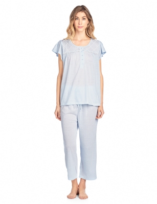 Casual Nights Women's Short Sleeve Lace Dot Capri Pajama Set - Blue - Size recommendation: Size Medium (4-6) Large (8-10) X-Large (12-14) XX-Large (16-18), Order one size up For a more Relaxed FitHit the sack in total comfort with these Soft and lightweight Cotton Blend Pajamas in a fun Dot pattern Capri Length Pants with an elastic drawstring waist for easy pull on, pant inseam length approximately 21", Shirt Features:Cap Sleeves, round neck, 5 Button closure, bow accent and lace details for the extra feminine touch. A comfortable straight fit perfect for sleeping or lounging around.