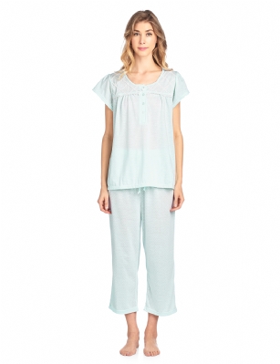 Casual Nights Women's Short Sleeve Lace Dot Capri Pajama Set - Green - Size recommendation: Size Medium (4-6) Large (8-10) X-Large (12-14) XX-Large (16-18), Order one size up For a more Relaxed FitHit the sack in total comfort with these Soft and lightweight Cotton Blend Pajamas in a fun Dot pattern Capri Length Pants with an elastic drawstring waist for easy pull on, pant inseam length approximately 21", Shirt Features:Cap Sleeves, round neck, 5 Button closure, bow accent and lace details for the extra feminine touch. A comfortable straight fit perfect for sleeping or lounging around.