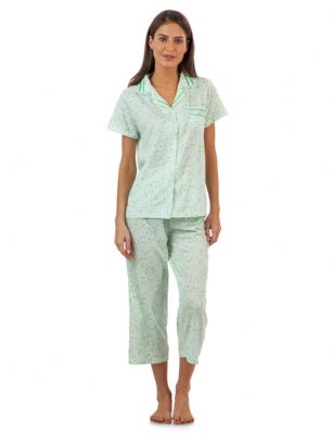 Casual Nights Lace Trim Women's Short Sleeve Capri Pajama Set - Spring Green - Size recommendation: Size Medium (4-6) Large (8-10) X-Large (12-14) XX-Large (16-18), Order one size up For a more Relaxed FitHit the sack in total comfort with these Soft and lightweight Cotton Blend Pajamas in a fun spring patterns Capri Length Pants with an elastic drawstring waist for easy pull on, pant inseam length approximately 21", Shirt Features: Short Sleeves, Notch collar, handy patch pocket, Button down closure, lace and ribbon details for the extra feminine touch. A comfortable relaxed fit perfect for sleeping or lounging around.
