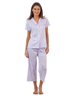 Casual Nights Lace Trim Women's Short Sleeve Capri Pajama Set - Spring Purple - Size recommendation: Size Medium (4-6) Large (8-10) X-Large (12-14) XX-Large (16-18), Order one size up For a more Relaxed FitHit the sack in total comfort with these Soft and lightweight Cotton Blend Pajamas in a fun spring patterns Capri Length Pants with an elastic drawstring waist for easy pull on, pant inseam length approximately 21", Shirt Features: Short Sleeves, Notch collar, handy patch pocket, Button down closure, lace and ribbon details for the extra feminine touch. A comfortable relaxed fit perfect for sleeping or lounging around.