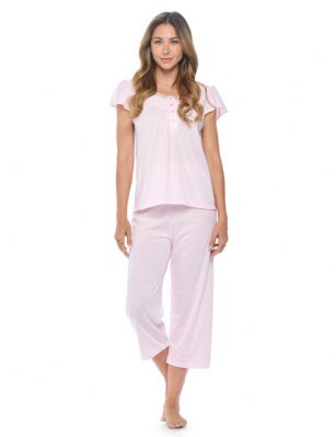 Casual Nights Women's Dot Short Sleeve Capri Pajama Set - Pink - Hit the sack in total comfort with these Softand lightweight Knit Capri Pajamas Sleep Set in a funfloral pattern. Short sleeve shirt features: square neck, 4 button placket closure, lace and ribbon with tucked detail, Pajama pants with elasticized waist and drawstring for easy pull on and added comfort, approx. 20" inseam length.PJ's Set offers A comfortable straight fit perfect for sleeping or lounging around.