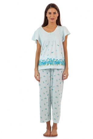 Casual Nights Women's Short Sleeve Floral Border Capri Pajama Set - Green - Hit the sack in total comfort with these Soft and lightweight Knit Pajama Sleep Set in a fun Floral pattern Capri Length Pants with an elastic drawstring waist for comfort, Shirt Features Short Sleeves, floral print border, lace Trim,and flattering tucked details. A comfortable relaxed fit perfect for sleeping or lounging around.