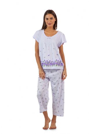 Casual Nights Women's Short Sleeve Floral Border Capri Pajama Set - Purple - Hit the sack in total comfort with these Soft and lightweight Knit Pajama Sleep Set in a fun Floral pattern Capri Length Pants with an elastic drawstring waist for comfort, Shirt Features Short Sleeves, floral print border, lace Trim,and flattering tucked details. A comfortable relaxed fit perfect for sleeping or lounging around.