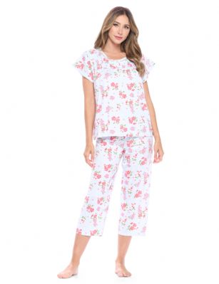 Casual Nights Women's Short Sleeve Floral Capri Pajama Set - Blue/Red - Please use this size chart to determine which size will fit you best, if your measurements fall between two sizes we recommend ordering a larger size as most people prefer their sleepwear a little looser. Top Length 25", Capri Pants Inseam 21"Medium: Measures US Size 4-6, Chests/Bust 34"-35" Large: Measures US Size 8-10, Chests/Bust 35-36" X-Large: Measures US Size 12-14, Chests/Bust 37-38" XX-Large: Measures US Size 16-18, Chests/Bust 38.5-40"  3X-Large: Measures US Size 18-20, Chests/Bust 41.5-43" 4X-Large: Measures US Size 20-22, Chests/Bust 43-45"Soft and lightweight Cotton Poly Knit Capri Pajama 2 piece Sleep Set in a fun floral pattern. Short sleeve shirt features: Scoop neck, 4 button placket closure, lace and smocked trim detail, Pajama pants with elasticized waist and drawstring for easy pull on and added comfort, approx. 21" inseam length. PJ's Set offers A comfortable fit perfect for sleeping or lounging around.