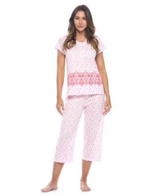 Casual Nights Women's Short Sleeve Floral Capri Pajama Set - Pink - Please use this size chart to determine which size will fit you best, if your measurements fall between two sizes we recommend ordering a larger size as most people prefer their sleepwear a little looser. Top Length 25", Capri Pants Inseam 21"Medium: Measures US Size 2-4, Chests/Bust 32"-34" Large: Measures US Size 4-6, Chests/Bust 34-35" X-Large: Measures US Size 8-10, Chests/Bust 35-36" XX-Large: Measures US Size 10-12, Chests/Bust 37"-38.5" Soft and lightweight Cotton Poly Knit Capri Pajama 2 piece Sleep Set in a fun floral pattern. Short sleeve shirt features: Scoop neck, 4 button placket closure, lace and smocked trim detail, Pajama pants with elasticized waist and drawstring for easy pull on and added comfort, approx. 21" inseam length. PJ's Set offers A comfortable fit perfect for sleeping or lounging around.