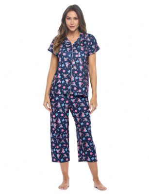 Casual Nights Women's Rayon Printed Short Sleeve Capri Pajama Set - Navy - Soft and lightweight Rayon Knit Pajamas in a fun prints and patterns, coziest pajamas you'll ever own. Features Button down closure with notch collar, matching easy pull on pajama pants with elastic waistband for added comfort, These pj's offer comfortable straight fit perfect for sleeping or curling up on the couch to watch a movie.Please use our size chart to determine which size will fit you best, if your measurements fall between two sizes we recommend ordering a larger size as most people prefer their sleepwear a little looser.Medium: Measures US Size 2-4, Chests/Bust 32"-34" Large: Measures US Size 4-6, Chests/Bust 34-35" X-Large: Measures US Size 8-10, Chests/Bust 35-36" XX-Large: Measures US Size 10-12, Chests/Bust 37"-38.5" 