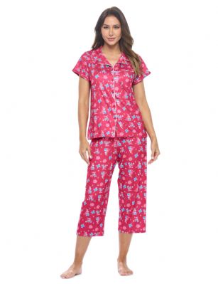 Casual Nights Women's Rayon Printed Short Sleeve Capri Pajama Set - Wine - Soft and lightweight Rayon Knit Pajamas in a fun prints and patterns, coziest pajamas you'll ever own. Features Button down closure with notch collar, matching easy pull on pajama pants with elastic waistband for added comfort, These pj's offer comfortable straight fit perfect for sleeping or curling up on the couch to watch a movie.Please use our size chart to determine which size will fit you best, if your measurements fall between two sizes we recommend ordering a larger size as most people prefer their sleepwear a little looser.Medium: Measures US Size 2-4, Chests/Bust 32"-34" Large: Measures US Size 4-6, Chests/Bust 34-35" X-Large: Measures US Size 8-10, Chests/Bust 35-36" XX-Large: Measures US Size 10-12, Chests/Bust 37"-38.5" 