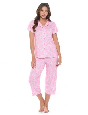 Casual Nights Women's Rayon Printed Short Sleeve Capri Pajama Set - Pink Paisley - Soft and lightweight Rayon Knit Pajamas in a fun prints and patterns, coziest pajamas you'll ever own. Features Button down closure with notch collar, matching easy pull on pajama pants with elastic waistband for added comfort, These pj's offer comfortable straight fit perfect for sleeping or curling up on the couch to watch a movie.Please use our size chart to determine which size will fit you best, if your measurements fall between two sizes we recommend ordering a larger size as most people prefer their sleepwear a little looser.Medium: Measures US Size 2-4, Chests/Bust 32"-34" Large: Measures US Size 4-6, Chests/Bust 34-35" X-Large: Measures US Size 8-10, Chests/Bust 35-36" XX-Large: Measures US Size 10-12, Chests/Bust 37"-38.5" 