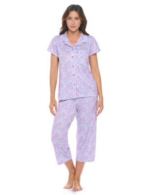 Casual Nights Women's Rayon Printed Short Sleeve Capri Pajama Set - Purple Paisley - Soft and lightweight Rayon Knit Pajamas in a fun prints and patterns, coziest pajamas you'll ever own. Features Button down closure with notch collar, matching easy pull on pajama pants with elastic waistband for added comfort, These pj's offer comfortable straight fit perfect for sleeping or curling up on the couch to watch a movie.Please use our size chart to determine which size will fit you best, if your measurements fall between two sizes we recommend ordering a larger size as most people prefer their sleepwear a little looser.Medium: Measures US Size 2-4, Chests/Bust 32"-34" Large: Measures US Size 4-6, Chests/Bust 34-35" X-Large: Measures US Size 8-10, Chests/Bust 35-36" XX-Large: Measures US Size 10-12, Chests/Bust 37"-38.5" 