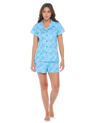 Casual Nights Women's Super Soft Pajamas Set, Short Sleeve Button Down Shirt with Pants PJ Shorts Set with Pockets - Blue Paisley - Soft and lightweight Rayon Knit Pajamas in a fun prints and patterns, coziest pajamas you'll ever own. Features Button down closure with notch collar, matching easy pull on pajama pants with elastic waistband for added comfort, These pj's offer comfortable straight fit perfect for sleeping or curling up on the couch to watch a movie.Please use our size chart to determine which size will fit you best, if your measurements fall between two sizes we recommend ordering a larger size as most people prefer their sleepwear a little looser.Medium: Measures US Size 2-4, Chests/Bust 32"-34" Large: Measures US Size 4-6, Chests/Bust 34-35" X-Large: Measures US Size 8-10, Chests/Bust 35-36" XX-Large: Measures US Size 10-12, Chests/Bust 37"-38.5" 