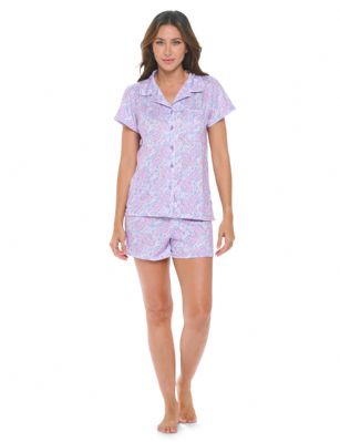 Casual Nights Women's Super Soft Pajamas Set, Short Sleeve Button Down Shirt with Pants PJ Shorts Set with Pockets - Purple Paisley - Soft and lightweight Rayon Knit Pajamas in a fun prints and patterns, coziest pajamas you'll ever own. Features Button down closure with notch collar, matching easy pull on pajama pants with elastic waistband for added comfort, These pj's offer comfortable straight fit perfect for sleeping or curling up on the couch to watch a movie.Please use our size chart to determine which size will fit you best, if your measurements fall between two sizes we recommend ordering a larger size as most people prefer their sleepwear a little looser.Medium: Measures US Size 2-4, Chests/Bust 32"-34" Large: Measures US Size 4-6, Chests/Bust 34-35" X-Large: Measures US Size 8-10, Chests/Bust 35-36" XX-Large: Measures US Size 10-12, Chests/Bust 37"-38.5" 