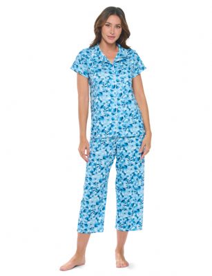 Casual Nights Women's Super Soft Capri Pajamas Set, Short Sleeve Button Down Shirt with Pants PJ Set with Pockets - Floral Blue - Soft and lightweight Rayon Knit Pajamas in a fun prints and patterns, coziest pajamas you'll ever own. Features Button down closure with notch collar, matching easy pull on pajama pants with elastic waistband for added comfort, These pj's offer comfortable straight fit perfect for sleeping or curling up on the couch to watch a movie.Please use our size chart to determine which size will fit you best, if your measurements fall between two sizes we recommend ordering a larger size as most people prefer their sleepwear a little looser.Medium: Measures US Size 2-4, Chests/Bust 32"-34" Large: Measures US Size 4-6, Chests/Bust 34-35" X-Large: Measures US Size 8-10, Chests/Bust 35-36" XX-Large: Measures US Size 10-12, Chests/Bust 37"-38.5" 