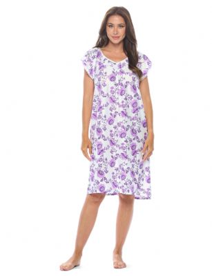Casual Nights Women's Super Soft Yummy Nightshirt, Short Sleeve Nightgown, Night Dress with Fun Prints & Patterns - Purple Bloom - This softest lightweight short sleeve Nightgown for ladies from the Casual Nights Loungewear and Sleepwear robes Collection, in beautiful feminine Bright Solid & floral print pattern design. This easy to wear Pullover Nightdress is made of the softest 95% polyester and 5% elastane material, This sleep dress Features: Henley-Style with a scoop neckline, detailed with smocked yolk and lace for an extra feminine touch. Mid calf length approx. 38-39 Shoulder to hem. This lounge wear muumuu dress has a relaxed comfortable fit and comes in regular and plus sizes M, L, XL, 2X, All year winter and summer versatile multi uses, wear around to bed as Pj's or lounging the house as relaxed home day waltz dress, a sleepshirt dress, Our sleep robe gowns is perfect to use for maternity, labor/delivery, hospital gown. Makes a perfect Mothers Day gift for your loved ones, mom, older women or elderly grandmother. Even beautiful and comfortable enough for everyday use around the house. Please use our size chart to determine which size will fit you best, if your measurements fall between two sizes, we recommend ordering a larger size as most people prefer their sleepwear a little looser. Medium: Measures US Size 6-8 -, Chests/Bust 35"-36" Large: Measures US Size 10-12, Chests/Bust 37-38" X-Large: Measures US Size 14-16, Chests/Bust 38.5-40" XX-Large: Measures US Size 18-20, Chests/Bust 41.5-43"3X-Large: Measures US Size 22-24, Chests/Bust 42.5-44"4X-Large: Measures US Size 26-28, Chests/Bust 43.5-45"