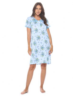 Casual Nights Women's Super Soft Yummy Nightshirt, Short Sleeve Nightgown, Night Dress with Fun Prints & Patterns - Blossom Blue - This softest lightweight short sleeve Nightgown for ladies from the Casual Nights Loungewear and Sleepwear robes Collection, in beautiful feminine Bright Solid & floral print pattern design. This easy to wear Pullover Nightdress is made of the softest 95% polyester and 5% elastane material, this sleep dress Features: Henley-Style with a scoop neckline, short sleeves, 3 Button closure, with detailed lace trimming by yolk and sleeves for an extra fancy touch. Mid-calf length approx. 38-39 Shoulder to hem. This lounge wear muumuu dress has a relaxed comfortable fit and comes in regular and plus sizes M, L, XL, 2X, all year winter and summer versatile multi uses, wear around to bed as Pj's or lounging the house as relaxed home day waltz dress, a sleepshirt dress, Our sleep robe gowns is perfect to use for maternity, labor/delivery, hospital gown. Makes a perfect Mothers Day gift for your loved ones, mom, older women, or elderly grandmother. Even beautiful and comfortable enough for everyday use around the house. Please use our size chart to determine which size will fit you best, if your measurements fall between two sizes, we recommend ordering a larger size as most people prefer their sleepwear a little looser. Medium: Measures US Size 6-8 -, Chests/Bust 35"-36" Large: Measures US Size 10-12, Chests/Bust 37-38" X-Large: Measures US Size 14-16, Chests/Bust 38.5-40" XX-Large: Measures US Size 18-20, Chests/Bust 41.5-43"