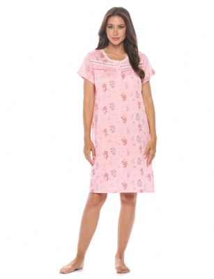Casual Nights Women's Super Soft Yummy Nightshirt, Short Sleeve Nightgown, Night Dress with Fun Prints & Patterns - Pink Floral - This softest lightweight short sleeve Nightgown for ladies from the Casual Nights Loungewear and Sleepwear robes Collection, in beautiful feminine Bright Solid & floral print pattern design. This easy to wear Pullover Nightdress is made of the softest 95% polyester and 5% elastane material, This sleep dress Features: Henley-Style with a scoop neckline, 3 Button closure, short cap sleeves, detailed lace yolk and trimming for an extra fancy touch. Mid calf length approx. 38-39 Shoulder to hem. This lounge wear muumuu dress has a relaxed comfortable fit and comes in regular and plus sizes M, L, XL, 2X, All year winter and summer versatile multi uses, wear around to bed as Pj's or lounging the house as relaxed home day waltz dress, a sleepshirt dress, Our sleep robe gowns is perfect to use for maternity, labor/delivery, hospital gown. Makes a perfect Mothers Day gift for your loved ones, mom, older women or elderly grandmother. Even beautiful and comfortable enough for everyday use around the house. Please use our size chart to determine which size will fit you best, if your measurements fall between two sizes, we recommend ordering a larger size as most people prefer their sleepwear a little looser. Medium: Measures US Size 6-8 -, Chests/Bust 35"-36" Large: Measures US Size 10-12, Chests/Bust 37-38" X-Large: Measures US Size 14-16, Chests/Bust 38.5-40" XX-Large: Measures US Size 18-20, Chests/Bust 41.5-43"