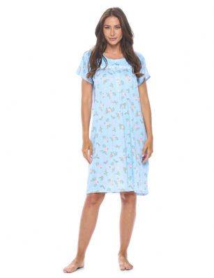 Casual Nights Women's Super Soft Yummy Nightshirt, Short Sleeve Nightgown, Night Dress with Fun Prints & Patterns - Roses Blue - This softest lightweight short sleeve Nightgown for ladies from the Casual Nights Loungewear and Sleepwear robes Collection, in beautiful feminine Bright Solid & floral print pattern design. This easy to wear Pullover Nightdress is made of the softest 95% polyester and 5% elastane material, This sleep dress Features: Henley-Style with a scoop neckline, 5 Button closure, short cap sleeves, detailed yolk with seams and lace trimming with front bow for an extra fancy touch. Mid calf length approx. 38-39 Shoulder to hem. This lounge wear muumuu dress has a relaxed comfortable fit and comes in regular and plus sizes M, L, XL, 2X, All year winter and summer versatile multi uses, wear around to bed as Pj's or lounging the house as relaxed home day waltz dress, a sleepshirt dress, Our sleep robe gowns is perfect to use for maternity, labor/delivery, hospital gown. Makes a perfect Mothers Day gift for your loved ones, mom, older women or elderly grandmother. Even beautiful and comfortable enough for everyday use around the house. Please use our size chart to determine which size will fit you best, if your measurements fall between two sizes, we recommend ordering a larger size as most people prefer their sleepwear a little looser. Medium: Measures US Size 6-8 -, Chests/Bust 35"-36" Large: Measures US Size 10-12, Chests/Bust 37-38" X-Large: Measures US Size 14-16, Chests/Bust 38.5-40" XX-Large: Measures US Size 18-20, Chests/Bust 41.5-43"