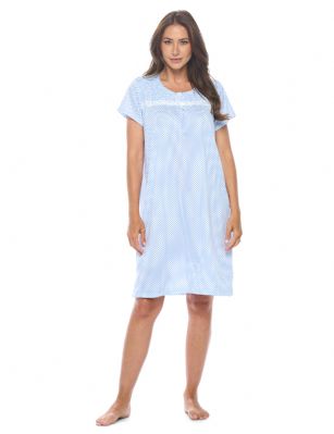 Casual Nights Women's Super Soft Yummy Nightshirt, Short Sleeve Nightgown, Night Dress with Fun Prints & Patterns - Blue Diamond Dot - This softest lightweight short sleeve Nightgown for ladies from the Casual Nights Loungewear and Sleepwear robes Collection, in beautiful feminine Bright Solid & floral print pattern design. This easy to wear Pullover Nightdress is made of the softest 95% polyester and 5% elastane material, This sleep dress Features: Henley-Style with a scoop neckline, 2 Button closure, short cap sleeves, detailed with lace, ribbon and trimming with front bow for an extra fancy touch. Mid calf length approx. 38-39 Shoulder to hem. This lounge wear muumuu dress has a relaxed comfortable fit and comes in regular and plus sizes M, L, XL, 2X, All year winter and summer versatile multi uses, wear around to bed as Pj's or lounging the house as relaxed home day waltz dress, a sleepshirt dress, Our sleep robe gowns is perfect to use for maternity, labor/delivery, hospital gown. Makes a perfect Mothers Day gift for your loved ones, mom, older women or elderly grandmother. Even beautiful and comfortable enough for everyday use around the house. Please use our size chart to determine which size will fit you best, if your measurements fall between two sizes, we recommend ordering a larger size as most people prefer their sleepwear a little looser. Medium: Measures US Size 6-8 -, Chests/Bust 35"-36" Large: Measures US Size 10-12, Chests/Bust 37-38" X-Large: Measures US Size 14-16, Chests/Bust 38.5-40" XX-Large: Measures US Size 18-20, Chests/Bust 41.5-43"