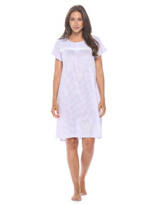 Casual Nights Women's Super Soft Yummy Nightshirt, Short Sleeve Nightgown, Night Dress with Fun Prints & Patterns - Lilac Diamond Dot - This softest lightweight short sleeve Nightgown for ladies from the Casual Nights Loungewear and Sleepwear robes Collection, in beautiful feminine Bright Solid & floral print pattern design. This easy to wear Pullover Nightdress is made of the softest 95% polyester and 5% elastane material, This sleep dress Features: Henley-Style with a scoop neckline, 2 Button closure, short cap sleeves, detailed with lace, ribbon and trimming with front bow for an extra fancy touch. Mid calf length approx. 38-39 Shoulder to hem. This lounge wear muumuu dress has a relaxed comfortable fit and comes in regular and plus sizes M, L, XL, 2X, All year winter and summer versatile multi uses, wear around to bed as Pj's or lounging the house as relaxed home day waltz dress, a sleepshirt dress, Our sleep robe gowns is perfect to use for maternity, labor/delivery, hospital gown. Makes a perfect Mothers Day gift for your loved ones, mom, older women or elderly grandmother. Even beautiful and comfortable enough for everyday use around the house. Please use our size chart to determine which size will fit you best, if your measurements fall between two sizes, we recommend ordering a larger size as most people prefer their sleepwear a little looser. Medium: Measures US Size 6-8 -, Chests/Bust 35"-36" Large: Measures US Size 10-12, Chests/Bust 37-38" X-Large: Measures US Size 14-16, Chests/Bust 38.5-40" XX-Large: Measures US Size 18-20, Chests/Bust 41.5-43"