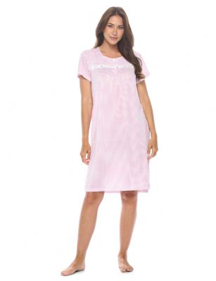 Casual Nights Women's Super Soft Yummy Nightshirt, Short Sleeve Nightgown, Night Dress with Fun Prints & Patterns - Pink Diamond Dot - This softest lightweight short sleeve Nightgown for ladies from the Casual Nights Loungewear and Sleepwear robes Collection, in beautiful feminine Bright Solid & floral print pattern design. This easy to wear Pullover Nightdress is made of the softest 95% polyester and 5% elastane material, This sleep dress Features: Henley-Style with a scoop neckline, 2 Button closure, short cap sleeves, detailed with lace, ribbon and trimming with front bow for an extra fancy touch. Mid calf length approx. 38-39 Shoulder to hem. This lounge wear muumuu dress has a relaxed comfortable fit and comes in regular and plus sizes M, L, XL, 2X, All year winter and summer versatile multi uses, wear around to bed as Pj's or lounging the house as relaxed home day waltz dress, a sleepshirt dress, Our sleep robe gowns is perfect to use for maternity, labor/delivery, hospital gown. Makes a perfect Mothers Day gift for your loved ones, mom, older women or elderly grandmother. Even beautiful and comfortable enough for everyday use around the house. Please use our size chart to determine which size will fit you best, if your measurements fall between two sizes, we recommend ordering a larger size as most people prefer their sleepwear a little looser. Medium: Measures US Size 6-8 -, Chests/Bust 35"-36" Large: Measures US Size 10-12, Chests/Bust 37-38" X-Large: Measures US Size 14-16, Chests/Bust 38.5-40" XX-Large: Measures US Size 18-20, Chests/Bust 41.5-43"