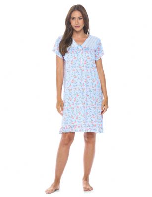 Casual Nights Women's Super Soft Yummy Nightshirt, Short Sleeve Nightgown, Night Dress with Fun Prints & Patterns - Blue Roses - This softest lightweight short sleeve Nightgown for ladies from the Casual Nights Loungewear and Sleepwear robes Collection, in beautiful feminine Bright Solid & floral print pattern design. This easy to wear Pullover Nightdress is made of the softest 95% polyester and 5% elastane material, This sleep dress Features: V-neck neckline, 5 Button closure, short cap sleeves, detailed with lace, ribbon and trimming with front bow for an extra fancy touch, and ruffled trim. Mid calf length approx. 38-39 Shoulder to hem. This lounge wear muumuu dress has a relaxed comfortable fit and comes in regular and plus sizes M, L, XL, 2X, All year winter and summer versatile multi uses, wear around to bed as Pj's or lounging the house as relaxed home day waltz dress, a sleepshirt dress, Our sleep robe gowns is perfect to use for maternity, labor/delivery, hospital gown. Makes a perfect Mothers Day gift for your loved ones, mom, older women or elderly grandmother. Even beautiful and comfortable enough for everyday use around the house. Please use our size chart to determine which size will fit you best, if your measurements fall between two sizes, we recommend ordering a larger size as most people prefer their sleepwear a little looser. Medium: Measures US Size 6-8 -, Chests/Bust 35"-36" Large: Measures US Size 10-12, Chests/Bust 37-38" X-Large: Measures US Size 14-16, Chests/Bust 38.5-40" XX-Large: Measures US Size 18-20, Chests/Bust 41.5-43"
