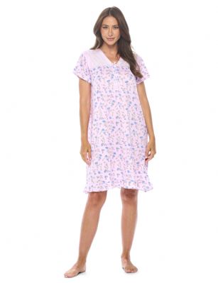Casual Nights Women's Super Soft Yummy Nightshirt, Short Sleeve Nightgown, Night Dress with Fun Prints & Patterns - Lilac Roses - This softest lightweight short sleeve Nightgown for ladies from the Casual Nights Loungewear and Sleepwear robes Collection, in beautiful feminine Bright Solid & floral print pattern design. This easy to wear Pullover Nightdress is made of the softest 95% polyester and 5% elastane material, This sleep dress Features: V-neck neckline, 5 Button closure, short cap sleeves, detailed with lace, ribbon and trimming with front bow for an extra fancy touch, and ruffled trim. Mid calf length approx. 38-39 Shoulder to hem. This lounge wear muumuu dress has a relaxed comfortable fit and comes in regular and plus sizes M, L, XL, 2X, All year winter and summer versatile multi uses, wear around to bed as Pj's or lounging the house as relaxed home day waltz dress, a sleepshirt dress, Our sleep robe gowns is perfect to use for maternity, labor/delivery, hospital gown. Makes a perfect Mothers Day gift for your loved ones, mom, older women or elderly grandmother. Even beautiful and comfortable enough for everyday use around the house. Please use our size chart to determine which size will fit you best, if your measurements fall between two sizes, we recommend ordering a larger size as most people prefer their sleepwear a little looser. Medium: Measures US Size 6-8 -, Chests/Bust 35"-36" Large: Measures US Size 10-12, Chests/Bust 37-38" X-Large: Measures US Size 14-16, Chests/Bust 38.5-40" XX-Large: Measures US Size 18-20, Chests/Bust 41.5-43"