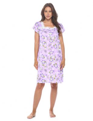 Casual Nights Women's Super Soft Yummy Nightshirt, Short Sleeve Nightgown, Night Dress with Fun Prints & Patterns - Bloom Lilac - This softest lightweight short sleeve Nightgown for ladies from the Casual Nights Loungewear and Sleepwear robes Collection, in beautiful feminine Bright Solid & floral print pattern design. This easy to wear Pullover Nightdress is made of the softest 95% polyester and 5% elastane material, this sleep dress Features: A square neckline, short sleeves, 5 Button closure, with detailed lace trimming by yolk and neckline for an extra fancy touch. Mid-calf length approx. 38-39 Shoulder to hem. This lounge wear muumuu dress has a relaxed comfortable fit and comes in regular and plus sizes M, L, XL, 2X, all year winter and summer versatile multi uses, wear around to bed as Pj's or lounging the house as relaxed home day waltz dress, a sleepshirt dress, Our sleep robe gowns is perfect to use for maternity, labor/delivery, hospital gown. Makes a perfect Mothers Day gift for your loved ones, mom, older women, or elderly grandmother. Even beautiful and comfortable enough for everyday use around the house. Please use our size chart to determine which size will fit you best, if your measurements fall between two sizes, we recommend ordering a larger size as most people prefer their sleepwear a little looser. Medium: Measures US Size 6-8 -, Chests/Bust 35"-36" Large: Measures US Size 10-12, Chests/Bust 37-38" X-Large: Measures US Size 14-16, Chests/Bust 38.5-40" XX-Large: Measures US Size 18-20, Chests/Bust 41.5-43"