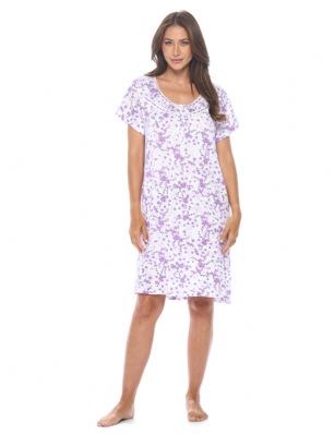 Casual Nights Women's Super Soft Yummy Nightshirt, Short Sleeve Nightgown, Night Dress with Fun Prints & Patterns - Ditsy Floral Purple - This softest lightweight short sleeve Nightgown for ladies from the Casual Nights Loungewear and Sleepwear robes Collection, in beautiful feminine Bright Solid & floral print pattern design. This easy to wear Pullover Nightdress is made of the softest 95% polyester and 5% elastane material, this sleep dress Features: Henley-Style with a scoop neckline, short sleeves, 3 Button closure, with detailed lace trimming and pintucked yolk with satin ribbon added for an extra feminine touch. Mid-calf length approx. 38-39 Shoulder to hem. This lounge wear muumuu dress has a relaxed comfortable fit and comes in regular and plus sizes M, L, XL, 2X, all year winter and summer versatile multi uses, wear around to bed as Pj's or lounging the house as relaxed home day waltz dress, a sleepshirt dress, Our sleep robe gowns is perfect to use for maternity, labor/delivery, hospital gown. Makes a perfect Mothers Day gift for your loved ones, mom, older women, or elderly grandmother. Even beautiful and comfortable enough for everyday use around the house. Please use our size chart to determine which size will fit you best, if your measurements fall between two sizes, we recommend ordering a larger size as most people prefer their sleepwear a little looser. Medium: Measures US Size 6-8 -, Chests/Bust 35"-36" Large: Measures US Size 10-12, Chests/Bust 37-38" X-Large: Measures US Size 14-16, Chests/Bust 38.5-40" XX-Large: Measures US Size 18-20, Chests/Bust 41.5-43"