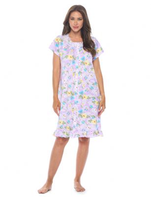 Casual Nights Women's Super Soft Yummy Nightshirt, Short Sleeve Nightgown, Night Dress with Fun Prints & Patterns - Purple Paisley - This softest lightweight short sleeve Nightgown for ladies from the Casual Nights Loungewear and Sleepwear robes Collection, in beautiful feminine Bright Solid & floral print pattern design. This easy to wear Pullover Nightdress is made of the softest 95% polyester and 5% elastane material, this sleep dress Features: Henley-Style with a scoop neckline, short sleeves, full button front closure, with detailed lace trimming and pintucked yolk with satin ribbon and ruffled trim added for an extra feminine touch. Mid-calf length approx. 38-39 Shoulder to hem. This lounge wear muumuu dress has a relaxed comfortable fit and comes in regular and plus sizes M, L, XL, 2X, all year winter and summer versatile multi uses, wear around to bed as Pj's or lounging the house as relaxed home day waltz dress, a sleepshirt dress, Our sleep robe gowns is perfect to use for maternity, labor/delivery, hospital gown. Makes a perfect Mothers Day gift for your loved ones, mom, older women, or elderly grandmother. Even beautiful and comfortable enough for everyday use around the house. Please use our size chart to determine which size will fit you best, if your measurements fall between two sizes, we recommend ordering a larger size as most people prefer their sleepwear a little looser. Medium: Measures US Size 6-8 -, Chests/Bust 35"-36" Large: Measures US Size 10-12, Chests/Bust 37-38" X-Large: Measures US Size 14-16, Chests/Bust 38.5-40" XX-Large: Measures US Size 18-20, Chests/Bust 41.5-43"