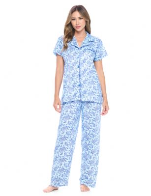 Casual Nights Women's Short Sleeve Floral Pajama Set - Blue - Please use this size chart to determine which size will fit you best, if your measurements fall between two sizes we recommend ordering a larger size as most people prefer their sleepwear a little looser. Top Length 27", Pants Inseam 28"Medium: Measures US 4-6 Size -, Chests/Bust 34"-35" Large: Measures US Size 8-10, Chests/Bust 36-37" X-Large: Measures US Size 12-14, Chests/Bust 38-40" XX-Large: Measures US Size 16-18, Chests/Bust 41-43"  3X-Large: Measures US Size 18-20, Chests/Bust 44-46" 4X-Large: Measures US Size 20-22, Chests/Bust 46.5-48"Soft and lightweight Cotton Poly Knit Pajama 2 piece Sleep Set in a fun floral pattern. Short sleeve shirt features: Button closure, Piped finish and open pocket, Pajama pants with elasticized waist easy pull on and added comfort, approx. 28" inseam length. PJ's Set offers A comfortable fit perfect for sleeping or lounging around.