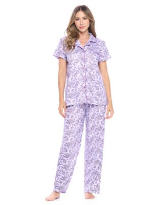Casual Nights Women's Short Sleeve Floral Pajama Set - Purple - Please use this size chart to determine which size will fit you best, if your measurements fall between two sizes we recommend ordering a larger size as most people prefer their sleepwear a little looser. Top Length 27", Pants Inseam 28"Medium: Measures US 4-6 Size -, Chests/Bust 34"-35" Large: Measures US Size 8-10, Chests/Bust 36-37" X-Large: Measures US Size 12-14, Chests/Bust 38-40" XX-Large: Measures US Size 16-18, Chests/Bust 41-43"  3X-Large: Measures US Size 18-20, Chests/Bust 44-46" 4X-Large: Measures US Size 20-22, Chests/Bust 46.5-48"Soft and lightweight Cotton Poly Knit Pajama 2 piece Sleep Set in a fun floral pattern. Short sleeve shirt features: Button closure, Piped finish and open pocket, Pajama pants with elasticized waist easy pull on and added comfort, approx. 28" inseam length. PJ's Set offers A comfortable fit perfect for sleeping or lounging around.