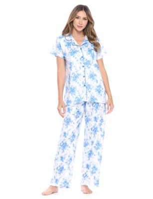 Casual Nights Women's Short Sleeve Floral Pajama Set - Light Blue - Please use this size chart to determine which size will fit you best, if your measurements fall between two sizes we recommend ordering a larger size as most people prefer their sleepwear a little looser. Top Length 27", Pants Inseam 28"Medium: Measures US 4-6 Size -, Chests/Bust 34"-35" Large: Measures US Size 8-10, Chests/Bust 36-37" X-Large: Measures US Size 12-14, Chests/Bust 38-40" XX-Large: Measures US Size 16-18, Chests/Bust 41-43"  3X-Large: Measures US Size 18-20, Chests/Bust 44-46" 4X-Large: Measures US Size 20-22, Chests/Bust 46.5-48"Soft and lightweight Cotton Poly Knit Pajama 2 piece Sleep Set in a fun floral pattern. Short sleeve shirt features: Button closure, Piped finish and open pocket, Pajama pants with elasticized waist easy pull on and added comfort, approx. 28" inseam length. PJ's Set offers A comfortable fit perfect for sleeping or lounging around.