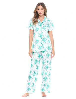 Casual Nights Women's Short Sleeve Floral Pajama Set - Light Green - Please use this size chart to determine which size will fit you best, if your measurements fall between two sizes we recommend ordering a larger size as most people prefer their sleepwear a little looser. Top Length 27", Pants Inseam 28"Medium: Measures US 4-6 Size -, Chests/Bust 34"-35" Large: Measures US Size 8-10, Chests/Bust 36-37" X-Large: Measures US Size 12-14, Chests/Bust 38-40" XX-Large: Measures US Size 16-18, Chests/Bust 41-43"  3X-Large: Measures US Size 18-20, Chests/Bust 44-46" 4X-Large: Measures US Size 20-22, Chests/Bust 46.5-48"Soft and lightweight Cotton Poly Knit Pajama 2 piece Sleep Set in a fun floral pattern. Short sleeve shirt features: Button closure, Piped finish and open pocket, Pajama pants with elasticized waist easy pull on and added comfort, approx. 28" inseam length. PJ's Set offers A comfortable fit perfect for sleeping or lounging around.