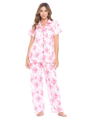 Casual Nights Women's Short Sleeve Floral Pajama Set - Light Pink - Please use this size chart to determine which size will fit you best, if your measurements fall between two sizes we recommend ordering a larger size as most people prefer their sleepwear a little looser. Top Length 27", Pants Inseam 28"Medium: Measures US 4-6 Size -, Chests/Bust 34"-35" Large: Measures US Size 8-10, Chests/Bust 36-37" X-Large: Measures US Size 12-14, Chests/Bust 38-40" XX-Large: Measures US Size 16-18, Chests/Bust 41-43"  3X-Large: Measures US Size 18-20, Chests/Bust 44-46" 4X-Large: Measures US Size 20-22, Chests/Bust 46.5-48"Soft and lightweight Cotton Poly Knit Pajama 2 piece Sleep Set in a fun floral pattern. Short sleeve shirt features: Button closure, Piped finish and open pocket, Pajama pants with elasticized waist easy pull on and added comfort, approx. 28" inseam length. PJ's Set offers A comfortable fit perfect for sleeping or lounging around.