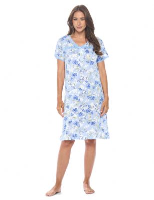 Casual Nights Women's Super Soft Yummy Nightshirt, Short Sleeve Nightgown, Night Dress with Fun Prints & Patterns - Blue Flowered - This softest lightweight short sleeve Nightgown for ladies from the Casual Nights Loungewear and Sleepwear robes Collection, in beautiful feminine Bright Solid & floral print pattern design. This easy to wear Pullover Nightdress is made of the softest 95% polyester and 5% elastane material, this sleep dress Features: Henley-Style with a scoop neckline, short sleeves, 3 button closure, with detailed lace trimming and pintucked yolk added for an extra feminine touch. Mid-calf length approx. 38-39 Shoulder to hem. This lounge wear muumuu dress has a relaxed comfortable fit and comes in regular and plus sizes M, L, XL, 2X, all year winter and summer versatile multi uses, wear around to bed as Pj's or lounging the house as relaxed home day waltz dress, a sleepshirt dress, Our sleep robe gowns is perfect to use for maternity, labor/delivery, hospital gown. Makes a perfect Mothers Day gift for your loved ones, mom, older women, or elderly grandmother. Even beautiful and comfortable enough for everyday use around the house. Please use our size chart to determine which size will fit you best, if your measurements fall between two sizes, we recommend ordering a larger size as most people prefer their sleepwear a little looser. Medium: Measures US Size 6-8 -, Chests/Bust 35"-36" Large: Measures US Size 10-12, Chests/Bust 37-38" X-Large: Measures US Size 14-16, Chests/Bust 38.5-40" XX-Large: Measures US Size 18-20, Chests/Bust 41.5-43"