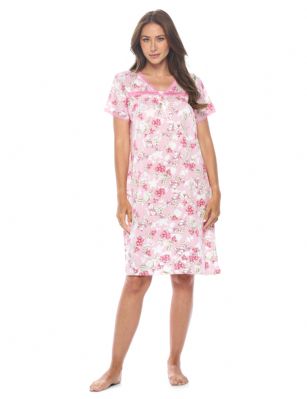 Casual Nights Women's Super Soft Yummy Nightshirt, Short Sleeve Nightgown, Night Dress with Fun Prints & Patterns - Pink Flowered - This softest lightweight short sleeve Nightgown for ladies from the Casual Nights Loungewear and Sleepwear robes Collection, in beautiful feminine Bright Solid & floral print pattern design. This easy to wear Pullover Nightdress is made of the softest 95% polyester and 5% elastane material, this sleep dress Features: Henley-Style with a scoop neckline, short sleeves, 3 button closure, with detailed lace trimming and pintucked yolk added for an extra feminine touch. Mid-calf length approx. 38-39 Shoulder to hem. This lounge wear muumuu dress has a relaxed comfortable fit and comes in regular and plus sizes M, L, XL, 2X, all year winter and summer versatile multi uses, wear around to bed as Pj's or lounging the house as relaxed home day waltz dress, a sleepshirt dress, Our sleep robe gowns is perfect to use for maternity, labor/delivery, hospital gown. Makes a perfect Mothers Day gift for your loved ones, mom, older women, or elderly grandmother. Even beautiful and comfortable enough for everyday use around the house. Please use our size chart to determine which size will fit you best, if your measurements fall between two sizes, we recommend ordering a larger size as most people prefer their sleepwear a little looser. Medium: Measures US Size 6-8 -, Chests/Bust 35"-36" Large: Measures US Size 10-12, Chests/Bust 37-38" X-Large: Measures US Size 14-16, Chests/Bust 38.5-40" XX-Large: Measures US Size 18-20, Chests/Bust 41.5-43"