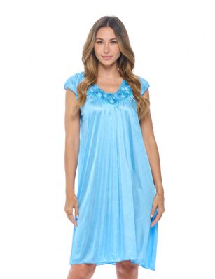 Casual Nights Women's Cap Sleeve Rose Satin Tricot Nightgown - Blue - You'll love slipping into this gown designed in silky satin fabric witha Sexy pattern, Featuring Cap sleeve, Rose accentthat lend a feminine flair. A Lightweight, flowing fabric that keeps your sleepwear comfortable and stylish.