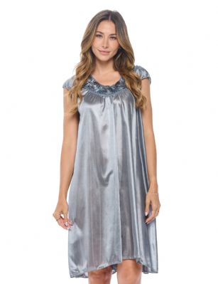 Casual Nights Women's Cap Sleeve Rose Satin Tricot  Nightgown - Grey - You'll love slipping into this gown designed in silky satin fabric witha Sexy pattern, Featuring Cap sleeve, Rose accentthat lend a feminine flair. A Lightweight, flowing fabric that keeps your sleepwear comfortable and stylish.