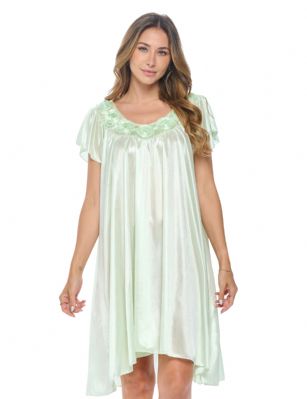 Casual Nights Women's Cap Sleeve Rose Satin Tricot Nightgown - Light Green - You'll love slipping into this gown designed in silky satin fabric witha Sexy pattern, Featuring Cap sleeve, Rose accentthat lend a feminine flair. A Lightweight, flowing fabric that keeps your sleepwear comfortable and stylish.