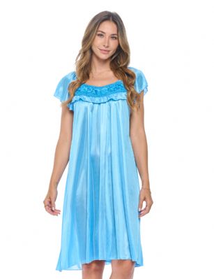 Casual Nights Women's Cap Sleeve Flower Silky Tricot Nightgown - Blue - You'll love slipping into this gown designed in silky tricot satin fabric witha Sexy pattern, Flower and ruffle accent that lend a feminine flair. A Lightweight, flowing fabric that keeps your sleepwear comfortable and stylish.