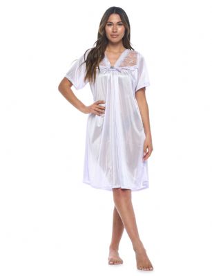 Casual Nights Women's Fancy Lace Neckline Silky Tricot Nightgown - Purple - This lightweight and comfortable Silk feel Short Sleeve Women's Lace Trim Lounger Tricot Nightshirt for ladies from the Casual Nights Loungewear and Sleepwear robes Collection, in beautiful feminine floral pattern design. this easy to wear nightshirt is made of 100% Poly fabric. The satin sleep dress Features V-neck neckline with floral embroidery yolk with embellished rhinestone, short sleeves, flirty knee length approx. 38 inches Shoulder to hem. This nightgown has a relaxed comfortable fit and comes in regular and plus sizes M, L, XL, 2X. All year winter and summer versatile multi uses, wear around the house as relaxed home day, a sleepshirt dress. Our sleep robe gowns are perfect to use for maternity, labor/delivery, hospital gown. Youll love slipping it on, this sleep nightgown is a great option for those who want something a lighter and sexier. Makes a perfect Mothers Day gift for your loved ones, mom, older women, or elderly grandmother. Even beautiful and comfortable enough for everyday use around the house.Please use our size chart to determine which size will fit you best, if your measurements fall between two sizes, we recommend ordering a larger size as most people prefer their sleepwear a little looser.  Medium: Measures US Size 8-10, Chests/Bust 36"-38" Large: Measures US Size 1214, Chests/Bust 38.5"-41" X-Large: Measures US Size 16-18, Chests/Bust 42"-44" XX-Large: Measures US Size 18W-20W, Chests/Bust 46-48"