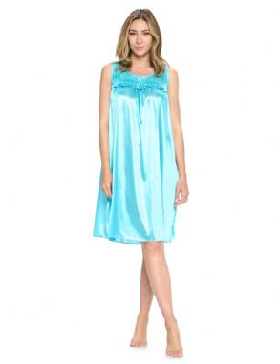 Casual Nights Women's Tricot Sheer Lace Sleeveless Nightgown - Aqua - This Women's Lace Trim Lounger Tricot Nightshirt from Casual Nights is made from lightweight silky smooth poly fabric offering an ultra-comfortable yet flattering fit. Featuring; crew neckline with flower lace sheer yolk, ruffled trim with satin bow accent, sleeveless, flirty knee length approx. 38 inches. Youll love slipping it on, this sleep nightgown is a great option for those who want something a lighter and sexier. 