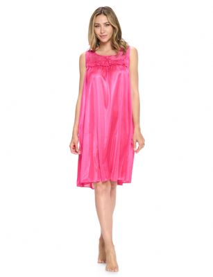 Casual Nights Women's Tricot Sheer Lace Sleeveless Nightgown - Fuchsia - This Women's Lace Trim Lounger Tricot Nightshirt from Casual Nights is made from lightweight silky smooth poly fabric offering an ultra-comfortable yet flattering fit. Featuring; crew neckline with flower lace sheer yolk, ruffled trim with satin bow accent, sleeveless, flirty knee length approx. 38 inches. Youll love slipping it on, this sleep nightgown is a great option for those who want something a lighter and sexier. 