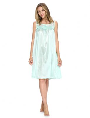 Casual Nights Women's Tricot Sheer Lace Sleeveless Nightgown - Green - This Women's Lace Trim Lounger Tricot Nightshirt from Casual Nights is made from lightweight silky smooth poly fabric offering an ultra-comfortable yet flattering fit. Featuring; crew neckline with flower lace sheer yolk, ruffled trim with satin bow accent, sleeveless, flirty knee length approx. 38 inches. Youll love slipping it on, this sleep nightgown is a great option for those who want something a lighter and sexier. 