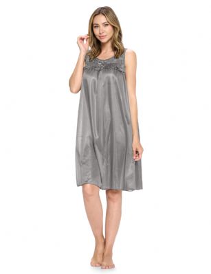 Casual Nights Women's Tricot Sheer Lace Sleeveless Nightgown - Grey - This Women's Lace Trim Lounger Tricot Nightshirt from Casual Nights is made from lightweight silky smooth poly fabric offering an ultra-comfortable yet flattering fit. Featuring; crew neckline with flower lace sheer yolk, ruffled trim with satin bow accent, sleeveless, flirty knee length approx. 38 inches. Youll love slipping it on, this sleep nightgown is a great option for those who want something a lighter and sexier. 